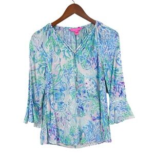 LILLY PULITZER Craysea Flounce Ruffle Willa Top Blouse Tunic 3/4 Sleeve